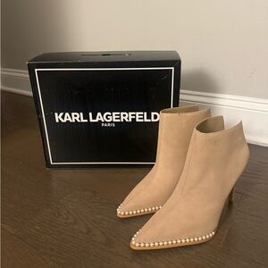 NWT Karl Lagerfeld Paris Cyron Pearl Trim Boots - Taupe - Size 8